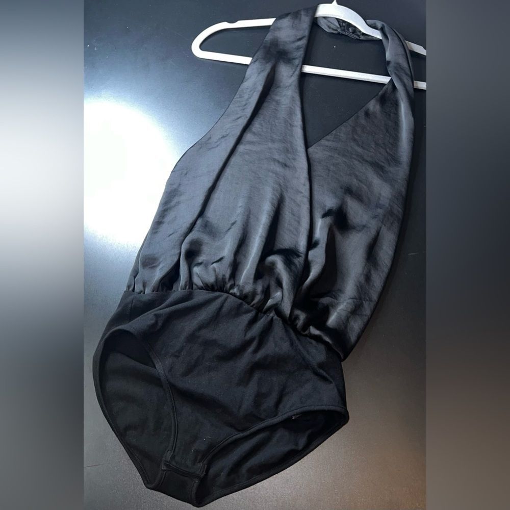 Out from Under Black Silky Halter bodysuit size Large EUC
